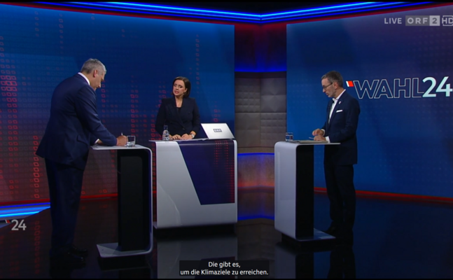 Die Wahl-Diskussion Nehammer vs. Kickl am 23. September 2024 im ORF.